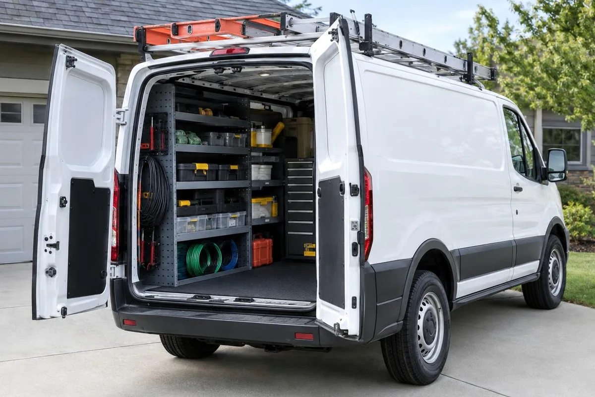 White work van with the rear doors open, showing shelves of tools, wire spools and a ladder rack, parked in a driveway