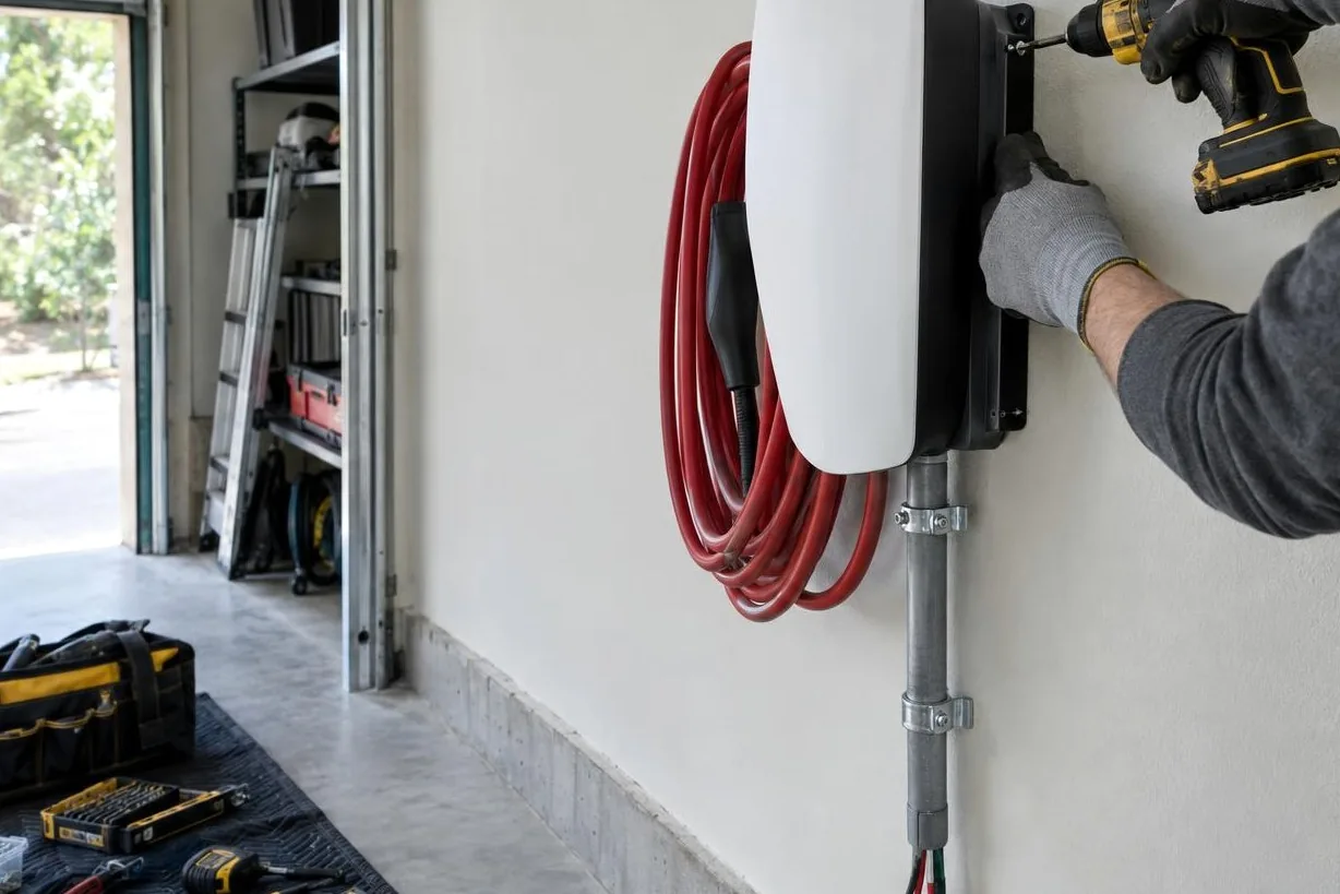 Gloved hand driving a screw into the mount of a Tesla Wall Connector, with a red charging cable coiled on the wall